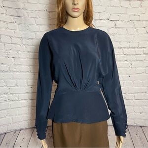 Linda Allard for Ellen Tracy Silk Navy Blue Ling Sleeve Blouse Size 8